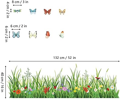 Wondever Green Grass Wall Decals with Flowers and Butterflies