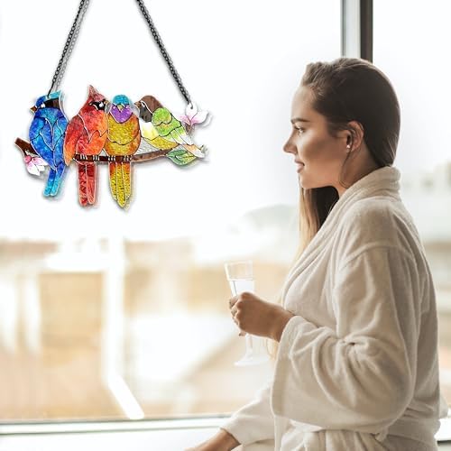Stained Glass Birds on Branch Suncatcher for Home Decoration