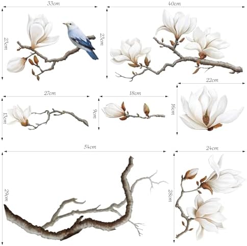 SHUCHING White Magnolia Tree Wall Decals Peel and Stick