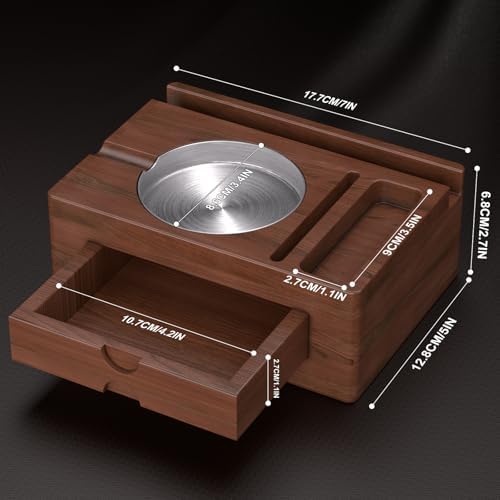 Elegant Wooden Cigar Ashtray with Lighter Slot and Accessories Drawer