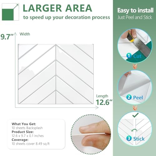STICKGOO 10 Sheets Thicker Herringbone Wall Tiles White with Grey Grout