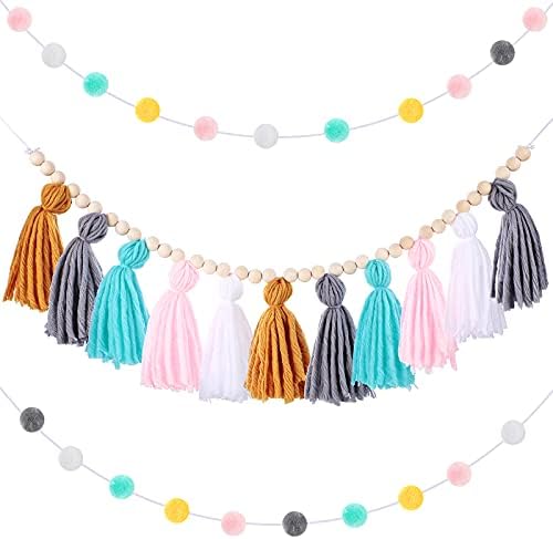 Syhood 3 Pcs Boho Tassel Garland Decor with Pom Poms