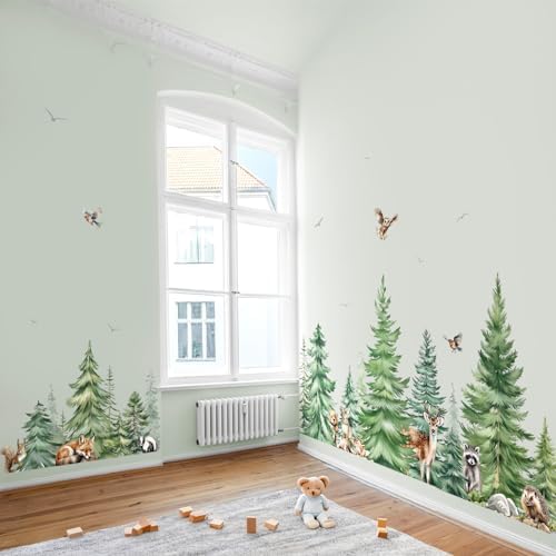 Decalmile Large Watercolor Pine Tree Animals Wall Stickers