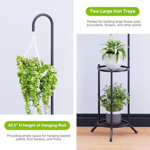 2-Tier Hanging Plant Stand Black Heavy Duty