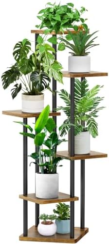 6 Tier Wood Tall Plant Stand Metal Rack Indoor Black