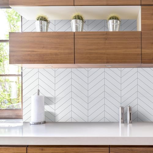 STICKGOO 10 Sheets Thicker Herringbone Wall Tiles White with Grey Grout