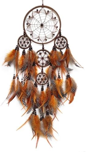 Handmade Brown Dream Catcher Wall Decor with Feathers and Beads