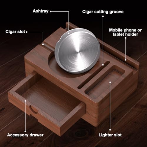 Elegant Wooden Cigar Ashtray with Lighter Slot and Accessories Drawer