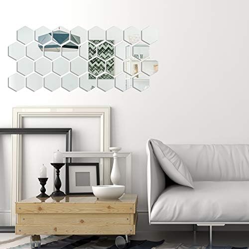 Shappy 32 Pcs Hexagon Mirror Wall Stickers Silver Acrylic Removable