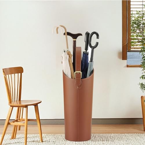 Brown Leather Tall Umbrella Holder Entryway Indoor Stand