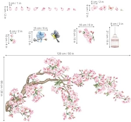 Decalmile Cherry Blossom Tree Branch Wall Decals Pink Flower Birds Stickers
