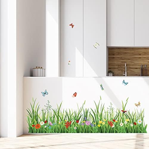 Wondever Green Grass Wall Decals with Flowers and Butterflies