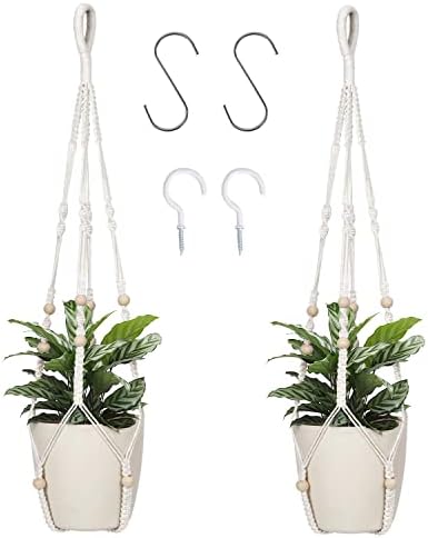 Macrame Plant Hanger Indoor Outdoor with Wood Beads 35 Inch 2pcs