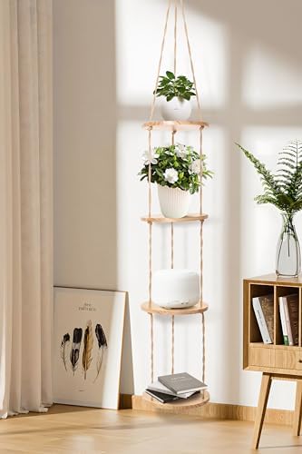 4-Tier Hemp Rope Hanging Plant Shelf for Narrow Spaces