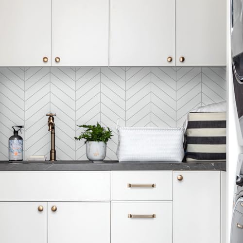 STICKGOO 10 Sheets Thicker Herringbone Wall Tiles White with Grey Grout