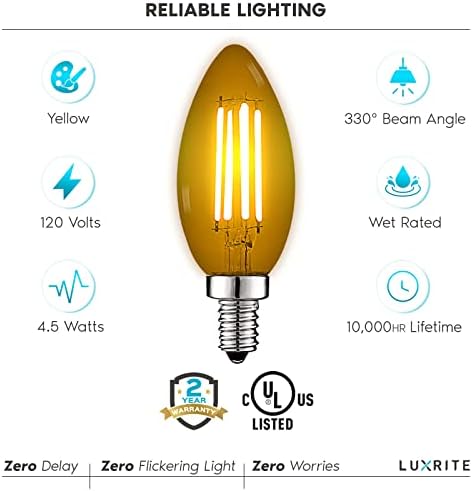 Luxrite E12 LED Filament Yellow Bulbs 45W 6 Pack