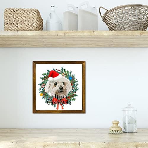Merry Christmas Dog with Hat Wreath Framed Wooden Sign