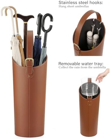 Brown Leather Tall Umbrella Holder Entryway Indoor Stand