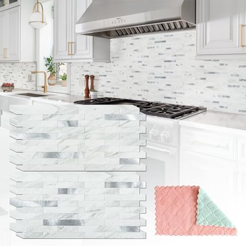 20 Sheets Peel and Stick Backsplash White Marble with Silver Metal Look