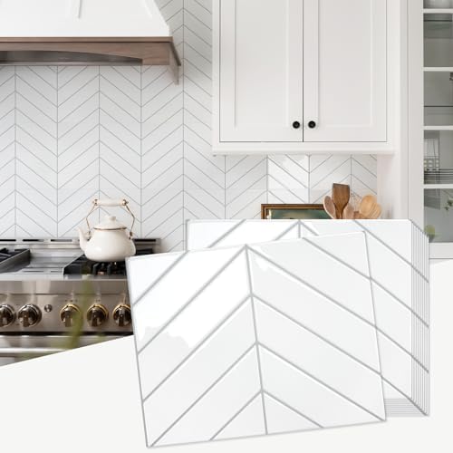 STICKGOO 10 Sheets Thicker Herringbone Wall Tiles White with Grey Grout