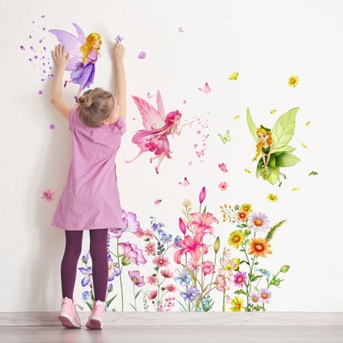 Supzone Flower Fairy Wall Sticker for Girls Room