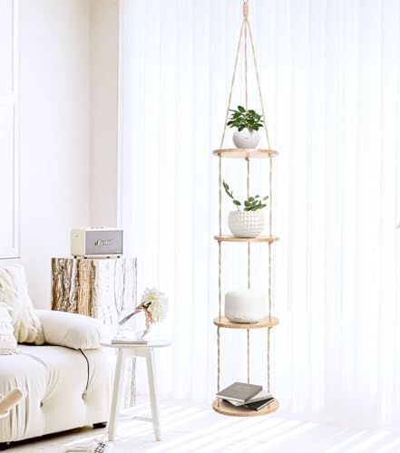 4-Tier Hemp Rope Hanging Plant Shelf for Narrow Spaces