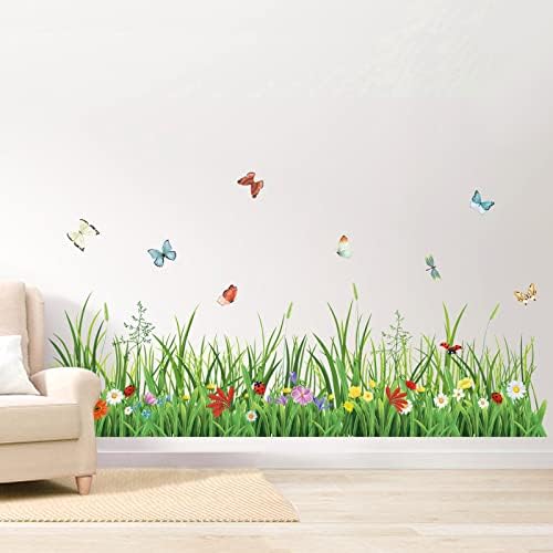 Wondever Green Grass Wall Decals with Flowers and Butterflies