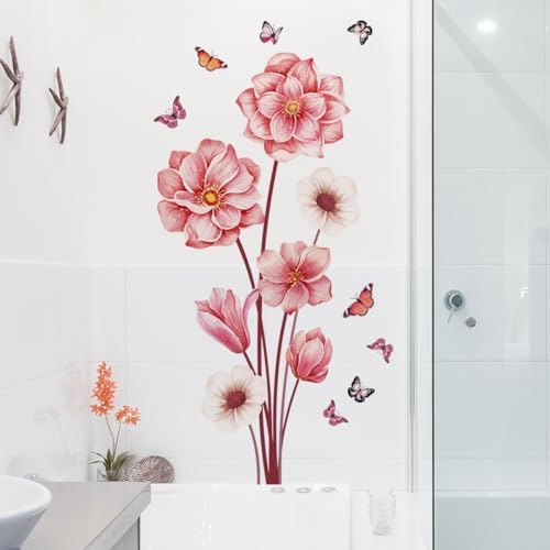 Pink Flower Wall Decals with Butterflies Large Removable Stickers