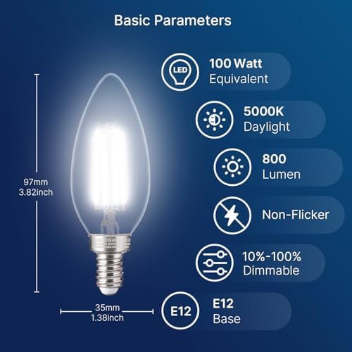 FLSNT 100W Equivalent Candelabra LED Bulbs 5000K Daylight Dimmable 6 Pack