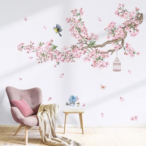 Decalmile Cherry Blossom Tree Branch Wall Decals Pink Flower Birds Stickers