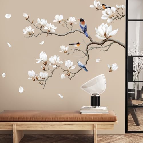 SHUCHING White Magnolia Tree Wall Decals Peel and Stick