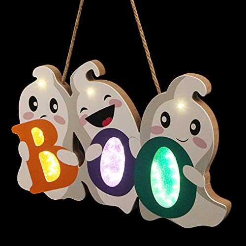 FINGOOO Halloween Door Decor Hanging Sign with Light