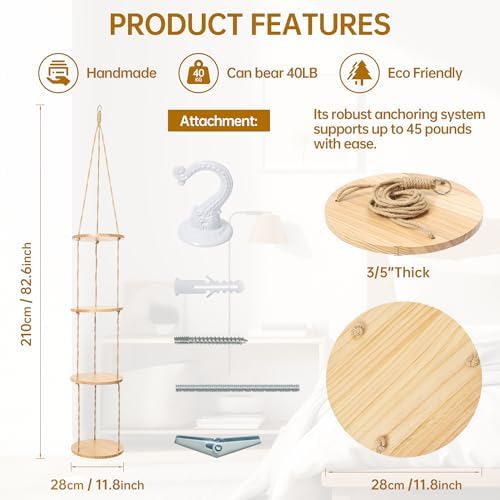 4-Tier Hemp Rope Hanging Plant Shelf for Narrow Spaces