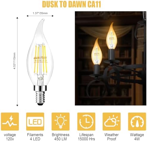 Qualilux Dusk to Dawn Candelabra LED Bulbs 4-Pack E12