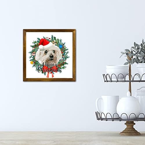 Merry Christmas Dog with Hat Wreath Framed Wooden Sign