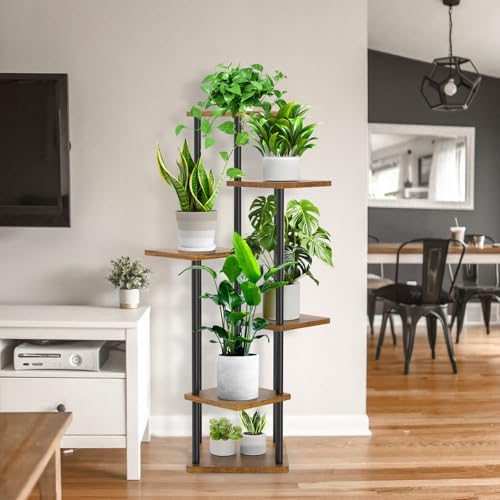 6 Tier Wood Tall Plant Stand Metal Rack Indoor Black