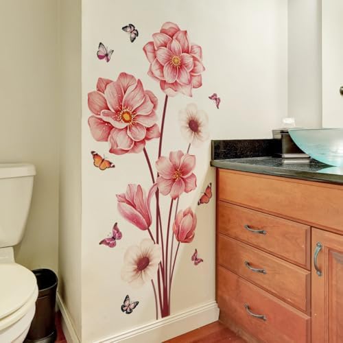 Pink Flower Wall Decals with Butterflies Large Removable Stickers