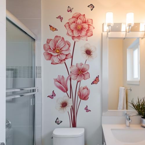 Pink Flower Wall Decals with Butterflies Large Removable Stickers