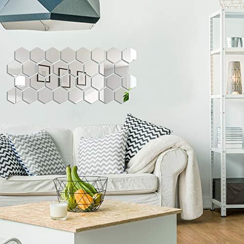 Shappy 32 Pcs Hexagon Mirror Wall Stickers Silver Acrylic Removable