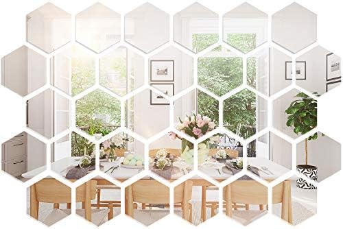 Shappy 32 Pcs Hexagon Mirror Wall Stickers Silver Acrylic Removable