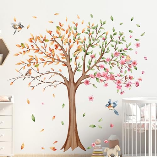 3 Sheets Large Tree Wall Decals with Flowers and Birds