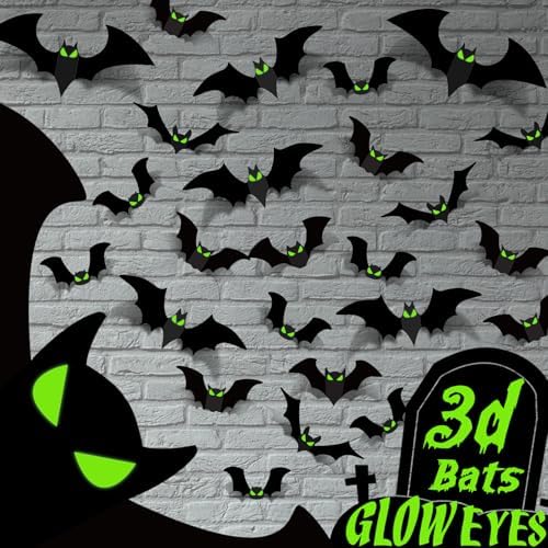 Halloween Decorations 56 Pcs 3D Bats with Glow Eyes