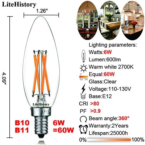 LiteHistory E12 Dimmable 6W LED Bulb 12 Pack