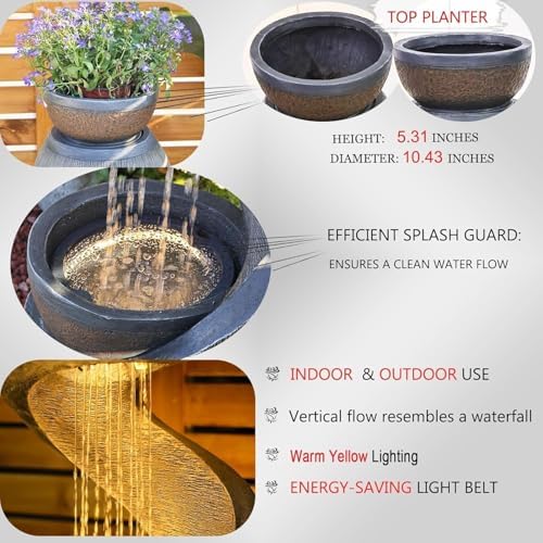 S-Shaped Modern Water Fountain with LED Lights and Planter Bowl
