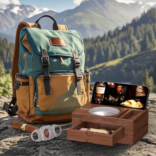 Elegant Wooden Cigar Ashtray with Lighter Slot and Accessories Drawer