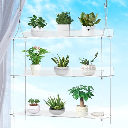2-Tier Clear Acrylic Hanging Window Plant Shelves with Hooks and Suction Cups