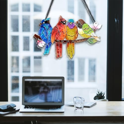 Stained Glass Birds on Branch Suncatcher for Home Decoration