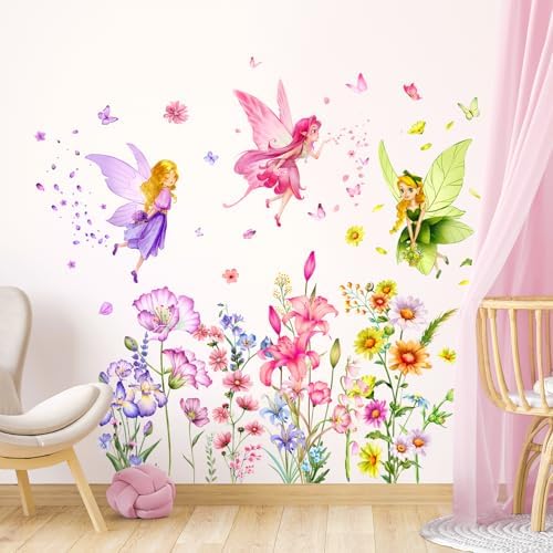Supzone Flower Fairy Wall Sticker for Girls Room