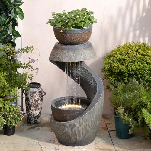 S-Shaped Modern Water Fountain with LED Lights and Planter Bowl