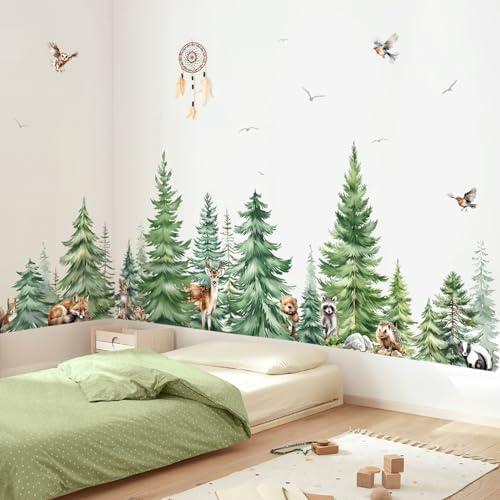 Decalmile Large Watercolor Pine Tree Animals Wall Stickers